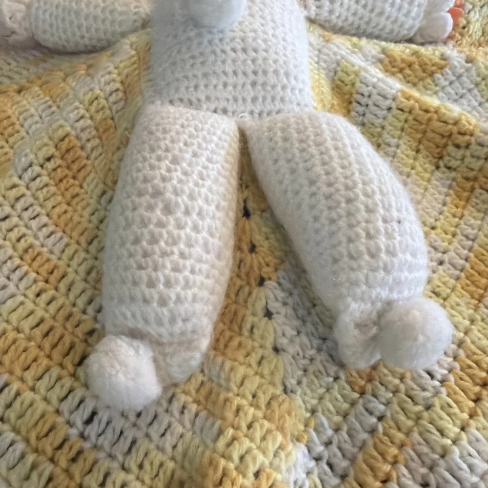 Vintage Plastic Doll With Bottle, crocheted blanket and body Brown Hair Blue Eye